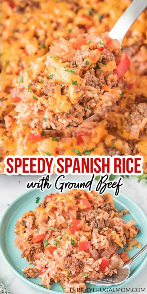 This main dish Spanish Rice with Ground Beef is quick and easy to make, budget friendly and made with simple ingredients. A great weeknight family dinner recipe! Spanish Rice Recipe With Ground Beef And Bacon, Ground Turkey Spanish Rice, Spanish Rice Recipe With Ground Beef Main Dishes, Spanish Rice Casserole Recipes, Mexican Beef And Rice Recipes, Spanish Rice Ground Beef, Spanish Rice Recipe Easy Ground Beef, Rice A Roni Spanish Rice With Hamburger, Spanish Noodles And Ground Beef