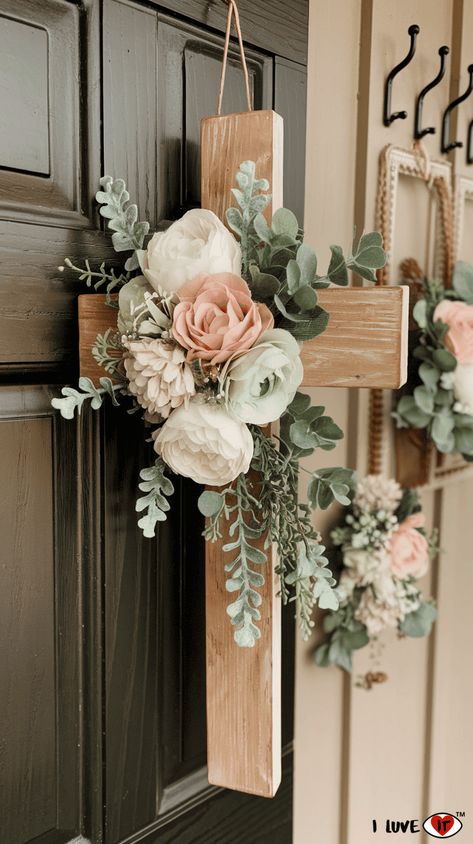 10 Creative Easter Door Hangers You Can DIY - I Luve It Front Porch Ideas For Easter Spring Decorations, Cross Shape Wreath Frame, Spring Diy Wood Projects, Diy Religious Easter Decor, Diy Wall Cross, Spring Office Decorations Diy, Diy Spring Decor Farmhouse, Easter Decor Front Porch, Diy Christian Crafts To Sell