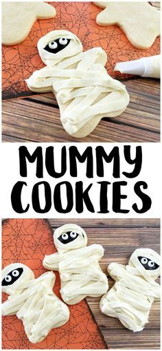 These easy DIY Homemade Halloween cookies taste like sugar cookies with a hint of pumpkin- and they are decorated like mummies! While they look super cute, they are easy to make and they’re one of my favorite Halloween recipes for kids. Homemade Halloween Cookies, Halloween Dessert Recipes, Halloween Dessert Ideas, Mummy Cookies, Cookies Cute, Spooky Halloween Desserts, Pasteles Halloween, Halloween Brownies, Halloween Food Desserts