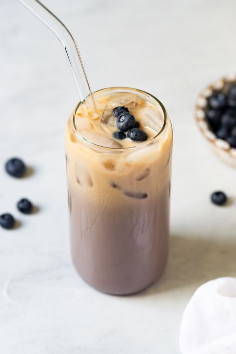 Blueberry Iced Latte (Hot Option Included) Blueberry Iced Coffee, Iced Latte At Home, Meals Everyone Will Love, Quiche Muffins, Latte At Home, Blueberry Coffee, Blueberry Syrup, Seafood Seasoning, Breakfast Quiche