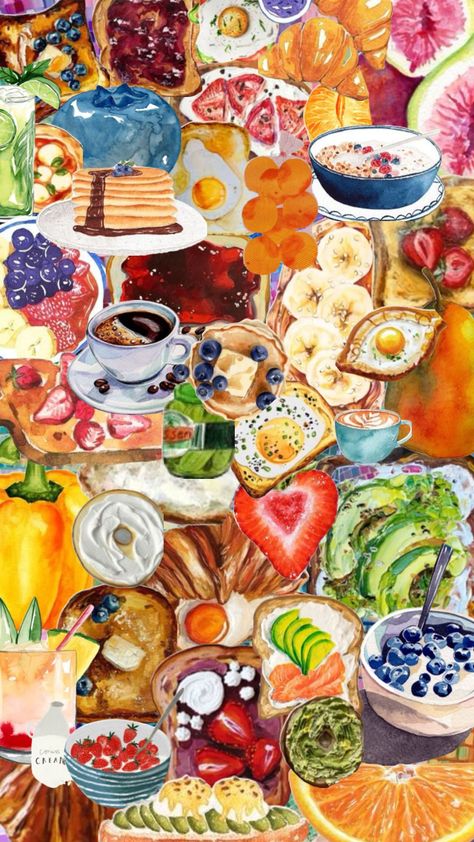 🥞 #foodie #wallpaper #collage #brunch #breakfast #summer wallpaper #colorfulwallpaper #colorful #food #vibrant #vibrantwallpaper Breakfast Summer, Food Collage, Colorful Food, Cottagecore Art, Cute Summer Wallpapers, Diy Case, Color Collage, Wallpaper Collage, Food Painting