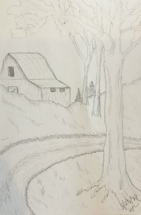 Landscape Sketch Pencil Easy, Landscape Sketch Pencil Nature Easy, Fall Landscape Drawing Easy, Land Scape Drawing Pencil Easy, Farm Drawing Landscape, Bored Drawing, Landscape Drawing Easy, Draw Trees, Acrylic Art Projects