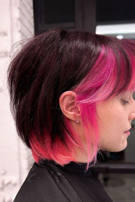 Pink Color Blocking Two Color Hair, Pink Hair Color Ideas, Color Block Hair, Short Dyed Hair, Pixie Undercut, Pink Hair Color, Trendy Hair Styles, Messy Bob, Baby Bangs