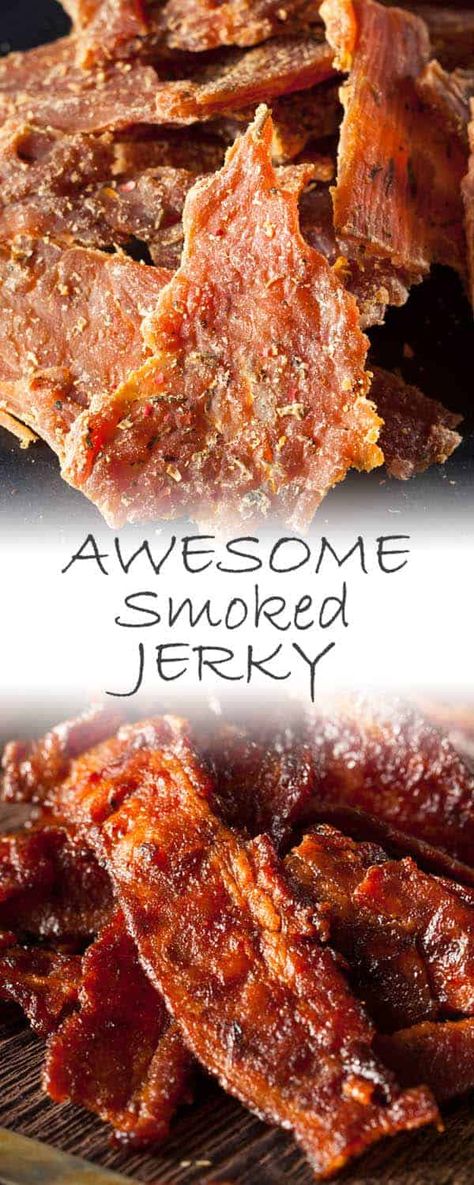 Preparing jerky in a smoker, rather than a dehydrator or oven, takes the flavor to a whole new dimension. Smoked Jerky Recipes, Smoker Jerky Recipes, Jerkey Recipes, Smoked Jerky, Smoker Recipes Electric, Masterbuilt Smoker, Pellet Smoker Recipes, Traeger Grill Recipes, Homemade Jerky