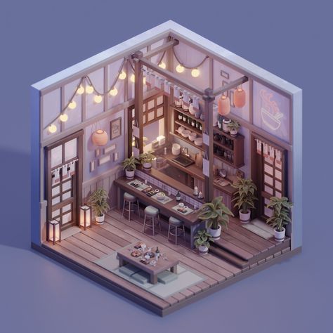 ArtStation - Sushi 3d Lighting, Sims 4 House Plans, Sims 4 House Design, Interior Design Sketches, Sushi Restaurant, Isometric Art, Sims House Design, Isometric Design, 3d Modelle