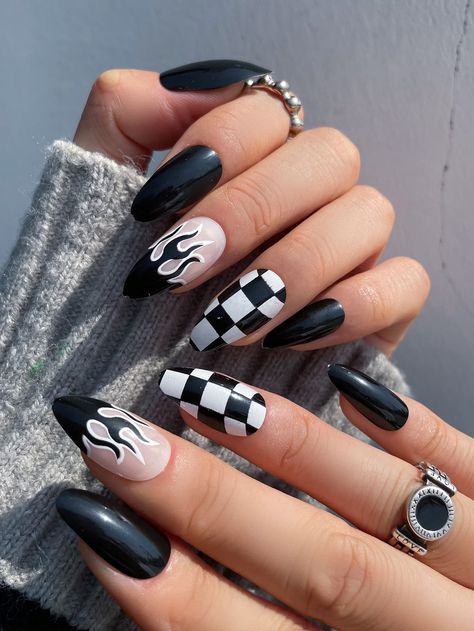 Multicolor  Collar    Color Nails Embellished   Beauty Tools Ongles Goth, Rock Nails, Black And White Nails, Long Almond, Black Flame, Punk Nails, Goth Nails, Almond Nails Designs, Almond Acrylic Nails