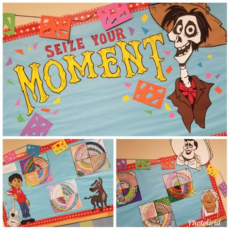 Disney Pixar Coco bulletin board Movie Bulletin Boards, Disney Back To School, October Bulletin Board Ideas, Fall Library Displays, Disney Bulletin Boards, October Bulletin Board, Classroom Door Ideas, Head Start Classroom, October Bulletin Boards