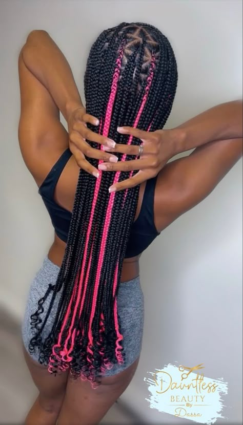 Pink Knotless Box Braids With Curls, Black Knotless With Curls, Braids With Curls Peekaboo, Black And Pink Braids With Curls, Pink Knotless Braids With Curls, Pink And Black Knotless, Peekaboo Braids With Curls, Pink Peekaboo Braids, Pink And Black Braids