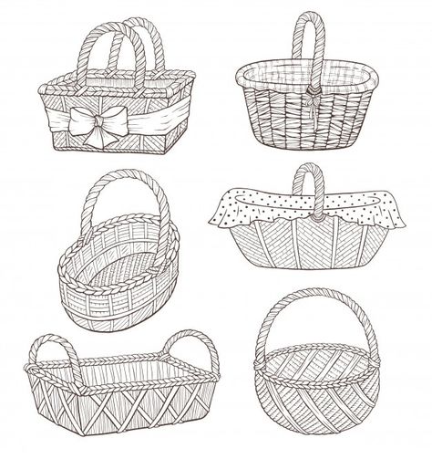 Hand drawn basket illustration | Premium Vector #Freepik #vector #hand #cartoon #vintage #hand-drawn Basket Illustration, Fish Basket, Flowers For Valentines Day, Basket Drawing, Basket Collection, Wreath Drawing, Flower Therapy, Basket Design, Fruit Art