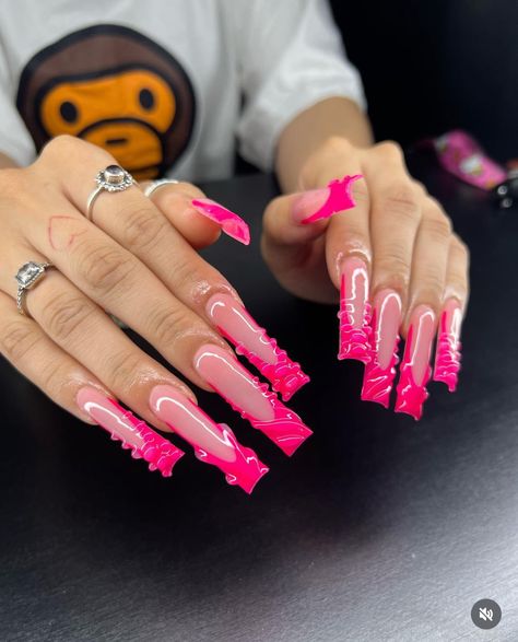 Pink And Silver Birthday Nails, Hot Pink Long Nails, Silver Birthday Nails, Hot Pink Birthday Nails, Pink Birthday Nails, Pink Long Nails, Hot Pink Birthday, Silver Birthday, Drip Nails