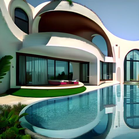 Modern villa with a pool, curvy architecture Curvy Pool, Curvilinear Architecture Plan, Curved Villa Design, Curved Facade Architecture Residential, Curvy Buildings Architecture, Villa, Pool, Architecture