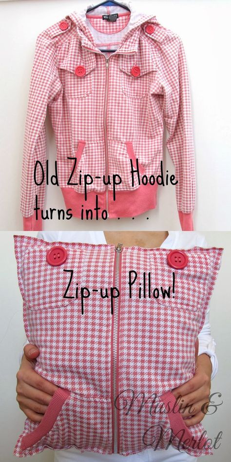 Upcycle Old Hoodies into Pillows! by Muslin & Merlot Hoodie Pillow, Silhouette School Blog, Old Sweatshirt, Sweater Pillow, Diy Pillow Covers, Furniture Flips, Crochet Pillow Cover, Memory Crafts, Memory Shirts