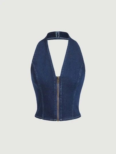 Denim Halter Top, Halter Top Pattern, Denim Diy Clothes, Denim Top Women, Moda Denim, Denim Crop Top, Denim Corset, Denim Diy, Inspiration Mode