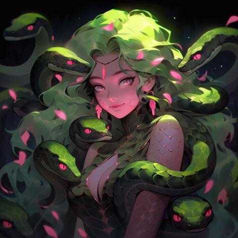 Anime style female Medusa with snakes for hair curling around her Medusa Pictures, Female Comic Characters, Fantasy Story Ideas, Medusa Gorgon, Snake Hair, Medusa Art, Snake Girl, Emo Art, Girly Art Illustrations