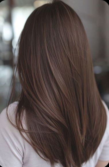 Healthy Long Brown Hair Aesthetic, Straight Hair Color Ideas Brunettes, Long Chocolate Brown Hair Straight, Global Color Hair, Dark Ash Brown Hair Straight, Level 7 Brunette Hair, Dark Mousy Brown Hair, Medium To Long Length Haircut Straight, Mossy Brown Hair