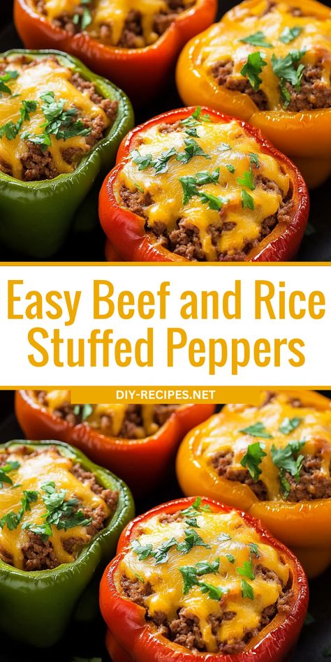 Try these easy beef and rice stuffed peppers for a hearty meal! Ground beef, rice, and veggies are stuffed into bell peppers and baked with melted cheddar cheese on top. Ground Beef Stuffed Peppers Healthy, Stuffed Pepper Dinner Ideas, Stuffed Bell Peppers With Zucchini, Stuffed Bell Peppers Quinoa Beef, Ground Beef And Rice Stuffed Peppers, Stuffed Bell Peppers Stouffers Copycat, Simple Stuffed Bell Peppers, Easy Stuffed Peppers Beef, Microwave Stuffed Bell Peppers