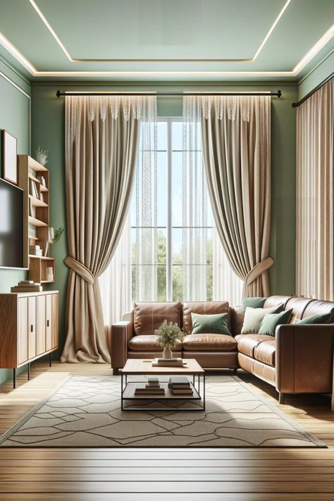 Warehouse Decor, Tan Furniture, Sage Green Curtains, Taupe Curtains, Green Walls Living Room, Color Curtains, Light Green Walls, Rose Curtains, Cream Curtains