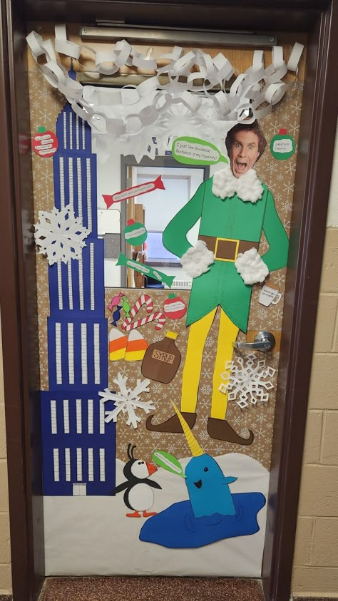 Elf Christmas Door Decorating Contest, Elf Office Door, Elf Desk Decorations, Elf Trunk Or Treat Ideas, Elf On The Shelf Door Decorating Contest, Elf The Movie Decorations Diy, Elf Classroom Decorations, Buddy The Elf Bulletin Board, Elf Movie Classroom Door