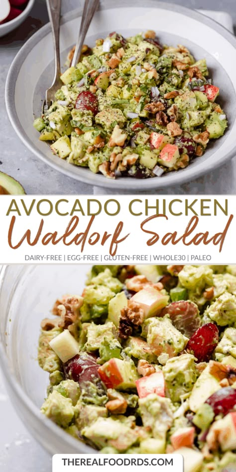 probably won’t be the last)! When made wholesome with the right ingredients, chicken Whole30 Salad, Chicken Waldorf Salad, Waldorf Chicken Salad, Avocado Recipes Dinner, Dairy Free Salads, Real Food Dietitians, Avocado Chicken, Gluten Free Salads, Waldorf Salad