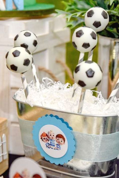 Check out this cool soccer-themed 1st birthday party! The soccer ball cake pops are fantasticl! See more party ideas and share yours at CatchMyParty.com #catchmyparty #partyideas #soccer #soccerparty #boy1stbirthdayparty #soccercakepops Baby Shower Soccer Theme, Manchester United Party, Football Baby Shower Ideas, Soccer Cake Pops, Baby Boy Baby Shower Themes, Soccer Birthday Party Ideas, Soccer Party Ideas, Soccer Ball Cake, Baby Boy Baby Shower Ideas