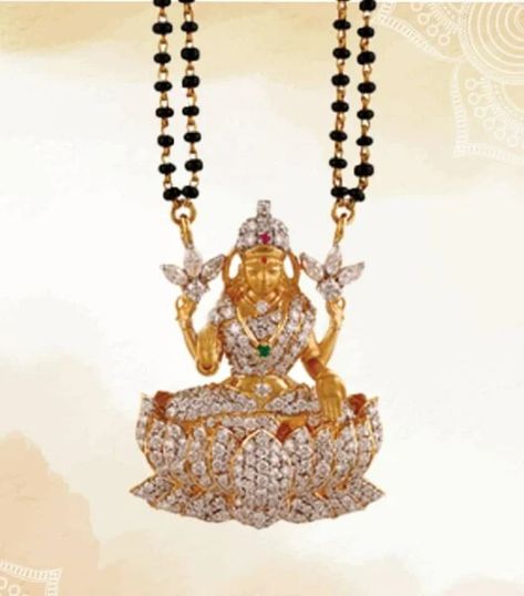 Nallapusalu necklace with diamond Lakshmi pendant photo Lakshmi Diamond Pendant, Thali Design, Lakshmi Pendant, Gold Jewelry Outfits, Necklace With Diamond, Jewellery Bridal, Jewellery Wedding, 22 Carat Gold, Indian Jewellery Design