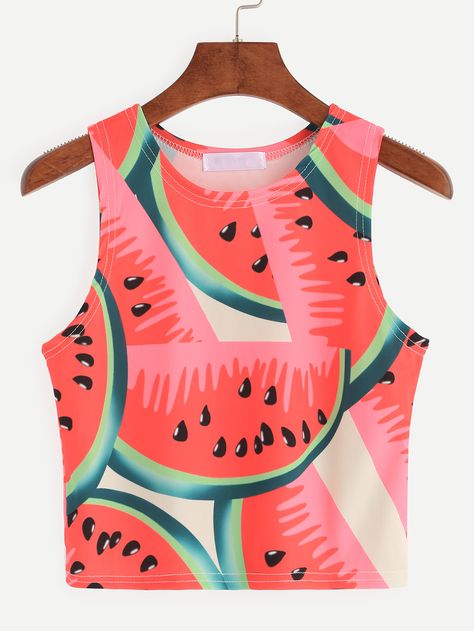 Watermelon Outfit, Fashion Design Classes, Red Watermelon, Red Cami, Red Camisole, Tops Shein, Red Tank Top, Watermelon Print, Red Crop Top