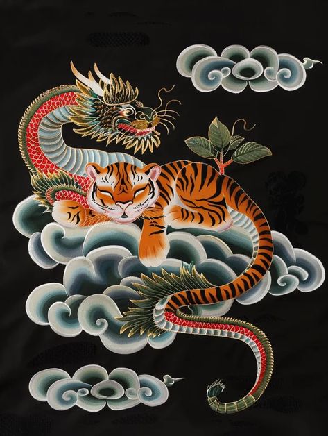 The image shows a colorful and detailed embroidery of a dragon and a tiger. The dragon is red and green, with a long, winding body ->> more details in ai-img-gen.com Dragon And Tiger Art, Graffiti Dragon, Chinese Dragon Embroidery, Tiger And Dragon, Dragon And Tiger, Dragon Moon, Chinese Tiger, Birthday Boards, Tibetan Tiger