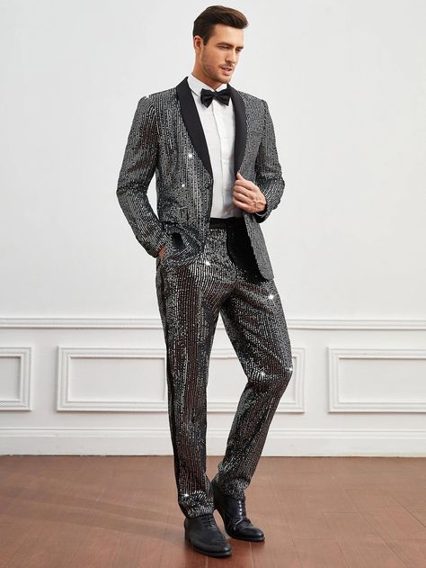 SHEIN Men 1pc Single Breasted Sequin Blazer | SHEIN USA Prom Men Outfit, Hollywood Theme Party Outfit, Guys Prom Outfit, Disco Chic, Fashion Sketches Men, Prom Men, Party Dress Codes, Sequin Suit, Shein Men