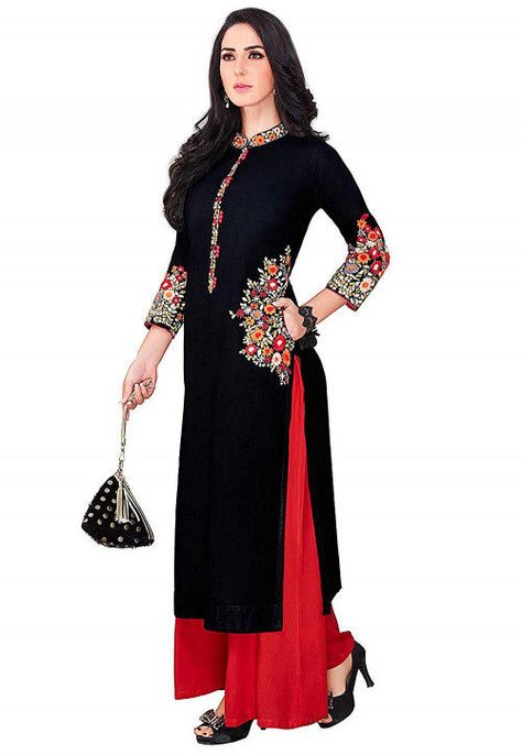 Embroidered Rayon Straight Kurta Set in Black Chinese Collar Kurti, Thread Work Designs, Collar Kurti Design, Collar Kurti, Black Kurti, Kurti With Palazzo, Side Work, Embroidered Kurti, Chinese Collar