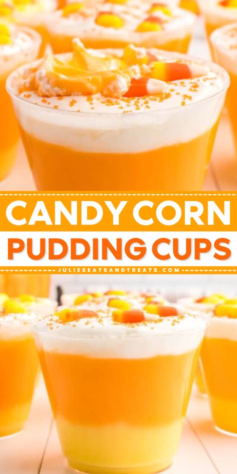 Easy to make Halloween treats for parties! This sweet Candy Corn Pudding Cups recipe features layers of vanilla pudding colored to make it look like Candy Corn. Make this Halloween treat for parties that kids and adults will love! Candy Corn Jello Cups, Candy Corn Pudding Cups, Halloween Crockpot Recipes, Halloween Crockpot, Halloween Pudding Cups, Candy Corn Desserts, Pudding Cup Recipes, Fall Snack Mixes, Candy Corn Recipe