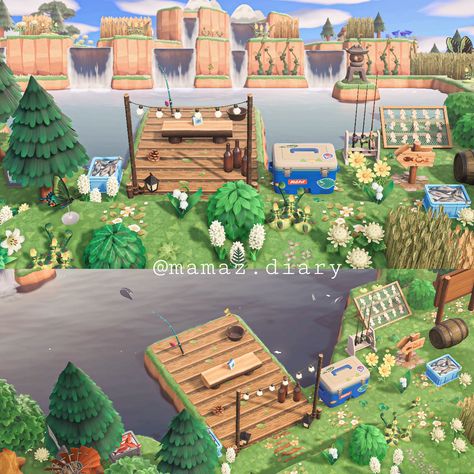 Tiny Acnh Builds, Animal Crossing Summer Camp Island, Inclines Animal Crossing, Fishing Spot Animal Crossing, Lake Shapes Animal Crossing, Fishing Area Animal Crossing, Acnh Summer Camp Island, Acnh Summer Camp, Camp Site Animal Crossing New Horizon