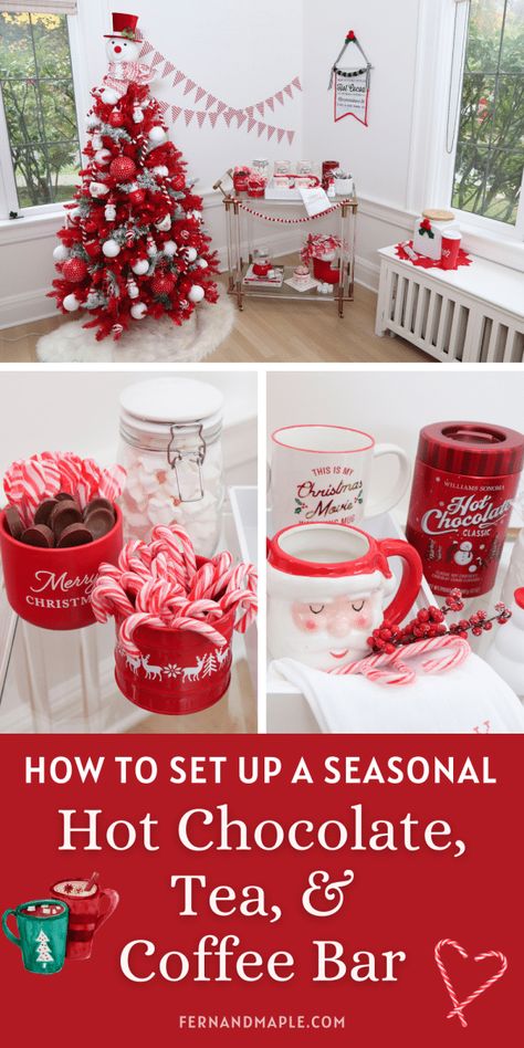 How to Set up a Seasonal Hot Chocolate, Tea, and Coffee Bar - Fern and Maple Hot Tea Bar, Tea And Coffee Bar, Christmas Hot Chocolate Station, Tea Cup Decorations, Christmas Hot Chocolate Bar, Coffee With Alcohol, Coffee Party, Hot Chocolate Coffee, Christmas Hot Chocolate