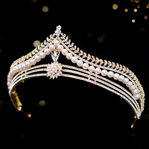 Wedding Hair Accessories -  Pearl and Crystal Bridal Tiara - Available in Gold and Silver Gold Pearl Crown, Bridal Pearl Tiara, Pearl And Crystal Tiara, Royal Wedding Tiaras, Golden Tiara, Moon Tiara, Tiara And Veil Wedding Hair, Pearl Crown, Princess Crowns