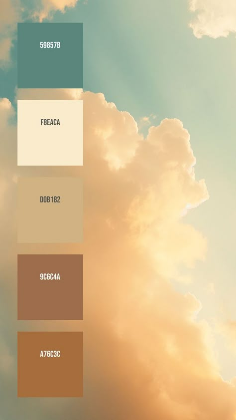 Colors:
59857B
F8EACA
D0B182
9C6C4A
A76C3C Sunset Color Palette, Orange Palette, Evening Time, Small House Front Design, Color Palette Challenge, Early Evening, Color Combinations For Clothes, Sunset Clouds, Fluffy Clouds