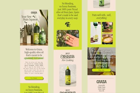 Email Review Design, Graza Olive Oil Branding, Email Flow Design, Marketing Newsletter Design, Mobile Email Design, Promo Email Design, Graza Oil, Fun Email Design, Food Email Design