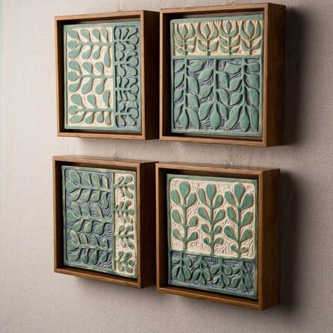 Ceramic Wall Sculpture one Choose From Four Handmade Tiles Framed, Ceramic Wall Sculpture READY to SHIP Muted Mod Sprout - Etsy Framed Ceramic Tile Wall Art, Ceramic Murals Wall Sculptures, Wood And Ceramic Art, Ceramic Wall Hangings, Wall Frames Ideas, Simple Wall Decor Ideas, Wall Pottery, Ceramic Wall Decoration, Ceramic Wall Art Sculpture