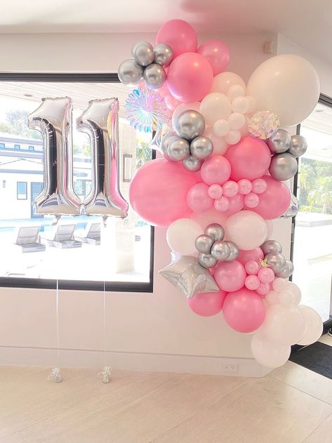 Pink And Silver Balloon Decorations, Pink White Silver Balloon Garland, Pink Silver Balloons, Balloon Arch Design Ideas, Pink White And Silver Party Decorations, Pink And White Theme Birthday Party, Pink And Silver Balloon Garland, Pink Silver Balloon Garland, Silver And Pink Birthday Decorations