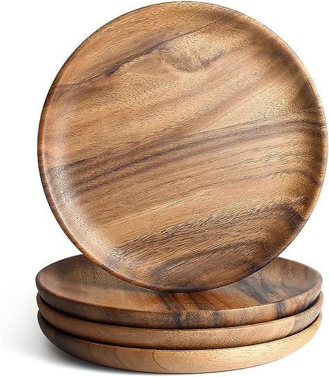 Amazon.com | IQCWOOD 4 Pcs Wooden Dinner Plates, 8 Inch Acacia Wood Dinner Plates for Eating Wooden Serving Platter for Food Sandwich Dessert Salad Plate Fruit Platters Round Tray Wood Charger Plate: Dinner Plates Wooden Charger Plates, Wood Plate Chargers, Wooden Chargers, Wood Chargers, Wooden Serving Platters, Poolside Dining, Wood Plates, Wood Platter, Handmade Ceramics Plates