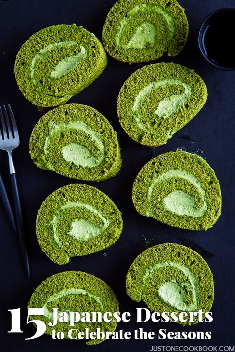 15 Japanese Desserts to Celebrate the Seasons, Matcha Swiss Roll (Roll Cake) 抹茶ロールケーキ - Holiday baking is now in full swing. There will be pies, tarts, cookies, breads and sweets of all sorts.  If you are looking to change things up a little or sneak in some surprises to the usual repertoire this year, you’re in luck! #JustOneCookbook  #Matcha SwissRoll #RollCake #抹茶ロールケーキ #Matcha #Greenteapowder #cake #desserts | Easy Japanese Recipes at JustOneCookbook.com Matcha Swiss Roll, Dessert Japanese, Matcha Roll Cake, Desserts Japonais, Sponge Cake Roll, Matcha Cream, Matcha Tiramisu, Sponge Cake Filling, Swiss Rolls