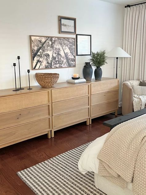 Large Bedroom Dresser Ideas, Two Bedroom Dressers, Double Dresser Bedroom, 2 Person Dresser, Bedroom With Multiple Dressers, Wall To Wall Dresser Master Bedrooms, Warm Neutral Dresser, Mixed Dressers In Bedroom, Dressers Side By Side Master Bedrooms