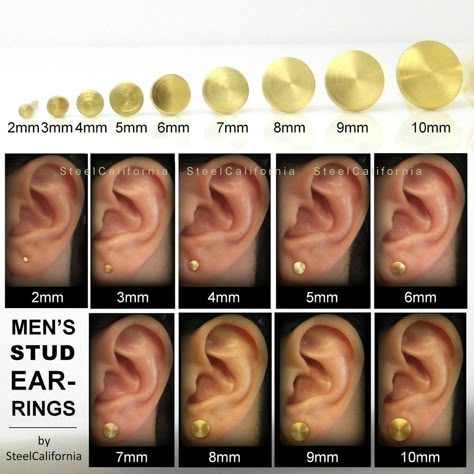 Earring Size Chart, Gold Earrings Men, Gold Ear Ring, Mens Diamond Stud Earrings, Guys Ear Piercings, Polymer Project, Mens Earrings, Piercing Chart, Gold Earrings For Men