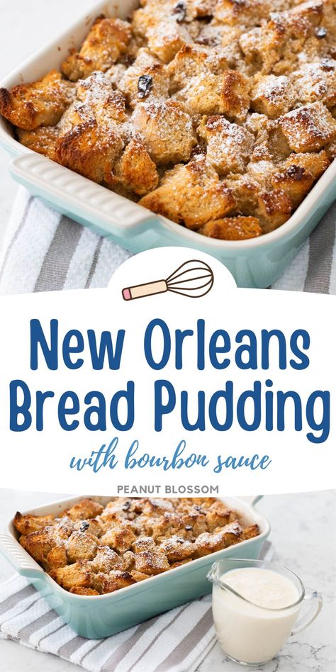 The coziest dessert ever! Bake a Creole bread pudding with golden raisins and drizzle the warm and creamy bourbon sauce over the perfect golden brown toasted top. This is an excellent dessert for Mardi Gras or for after a chilly winter dinner. Praline Bread Pudding Recipe, Old School Bread Pudding, Bourbon Pecan Bread Pudding, Maple Bourbon Bread Pudding, Creole Bread Pudding, New Orleans Dishes Recipes, Bread Pudding With Bourbon Sauce Recipes, New Orleans Desserts Easy, Louisiana Bread Pudding Recipe