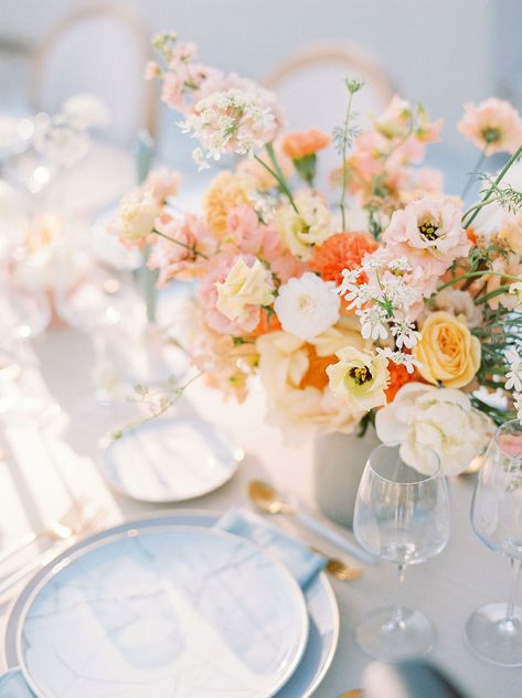 Spring wedding inspiration in Athens with a modern elegant vibe | Athens Wedding Inspiration | Gallery | Item 20 Timeless Spring Wedding, Pink Yellow Weddings, Spring Wedding Centerpieces, Orange And Pink Wedding, Athens Wedding, Yellow Wedding Flowers, Spring Wedding Inspiration, Spring Wedding Flowers, Coral Wedding