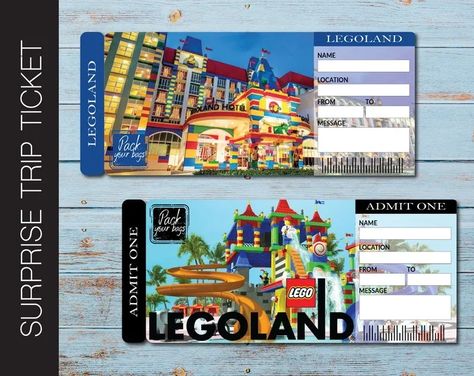 Surprising a special person with trip?  Communicate the gift with this surprise trip boarding pass. Simply download, edit, print, cut and wrap. Legoland Surprise, Legoland Denmark, Surprise Trip Reveal, Disney Trip Surprise, Legoland Windsor, Surprise Vacation, Disney Surprise, Disneyland Secrets, Printable Tickets