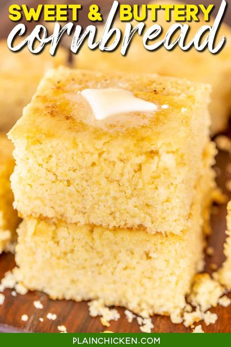 Sweet & Buttery Cornbread - ditch the Jiffy Mix and whip up this easy from scratch cornbread. Butter, sugar, flour, cornmeal, baking powder, eggs, and milk. It is basically a cornbread cake. Super easy to make and even easier to eat! We've made this several times and it is quickly becoming our go-to cornbread recipe! Great with chicken, pork, soups, chilis, and stews. #cornbread #sweet #cake #bread Cornbread Butter, Easy Skillet Cornbread, Sour Cream Cornbread, Easy Homemade Cornbread, Perfect Cornbread, Buttery Cornbread, Best Cornbread Recipe, Cornbread Cake, Cornbread Recipe Sweet