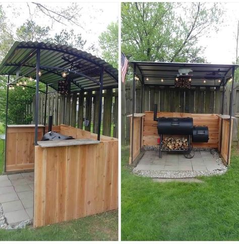 Backyard Smoker Area, Barbecue Backyard Ideas, Grill Spot Backyard, Back Yard Bbq Ideas Grill Area Patio On A Budget, Lean To Grill Area, Side Yard Bbq Area, Bbq Arbor Ideas, Bbq Awning Ideas, Bbq Areas In Garden