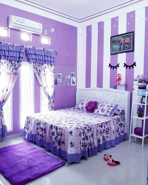 Modern Purple Bedroom, Purple Wall Bedroom, Bedroom Purple Walls, Purple Bedroom Walls, Purple Bedroom Design, Vintage Inspired Room, Purple Bedroom Decor, Bedroom Purple, Fresh Bedroom