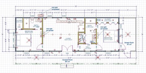 cottage cabin 16x48 2bdr Ledbetter by KangaRoom. Room for both kitchen table AND Hoosier. Smaller lvg room than some, but that might be ok.. 768 sq ft, 2bd/2ba 16 X 48 Floor Plans Layout, 16x50 Cabin Floor Plans, 16x40 Cabin Floor Plans, 2 Bed 2 Bath Cottage, 16x40 Shed House, 16 X 40 Floor Plans Layout, Cottages Modern, Bunkhouse Ideas, Modern Sheds