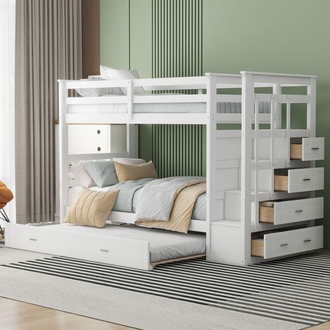 PRICES MAY VARY. 👉【Standard Twin Over Twin Bunk Beds】- Overall Dimensions: 95.7"L x 43.1"W x 61.4"H, Suit for Family with more than 1 Kid or Occasional Visit of Relatives or Friends; This bunk bed is designed with a clean silhouette and a hue of elegance. It suits all styles of home decoration, and completes the look of any bedroom. 👉【Rugged Wooden Frame】Quality tested sturdy wooden construction features solid support, made of high-quality solid wood and MDF. Strong Support for Kids, and Teens Storage Staircase, Wood Bunk Bed, Solid Wood Bunk Beds, Twin Trundle Bed, Twin Over Twin Bunk Bed, Twin Trundle, Wood Bunk Beds, Twin Bunk Bed, Bunk Beds With Stairs