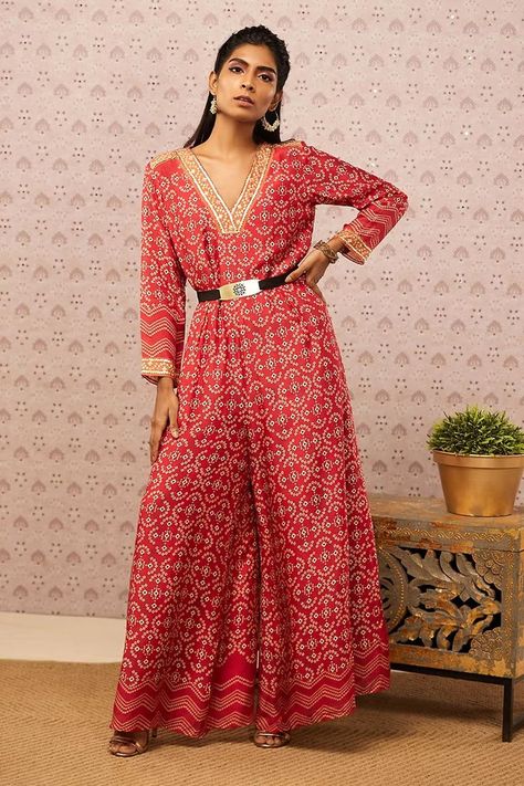 Buy Red jumpsuit with bandhej print & V neckline at #AzaFashions Shop online now at #Azafashions.com Call +91 8291990059 or email contactus@azafashions.com for enquiries. #wedding #festive #ethnic #tradional #shopping #shoponline #party #reception #bride Bandhej Print, V Neck Jumpsuit, Jumpsuit With Belt, Jumpsuit For Women, Jumpsuit Online, Red Jumpsuit, Satin Color, Indian Designer Outfits, Printed Jumpsuit